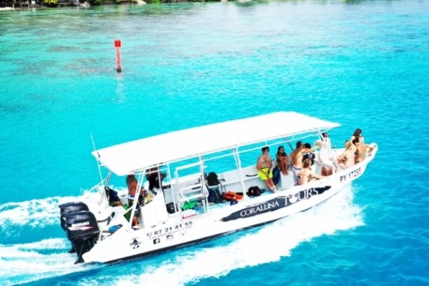 a blue and white boat floating on a body of water